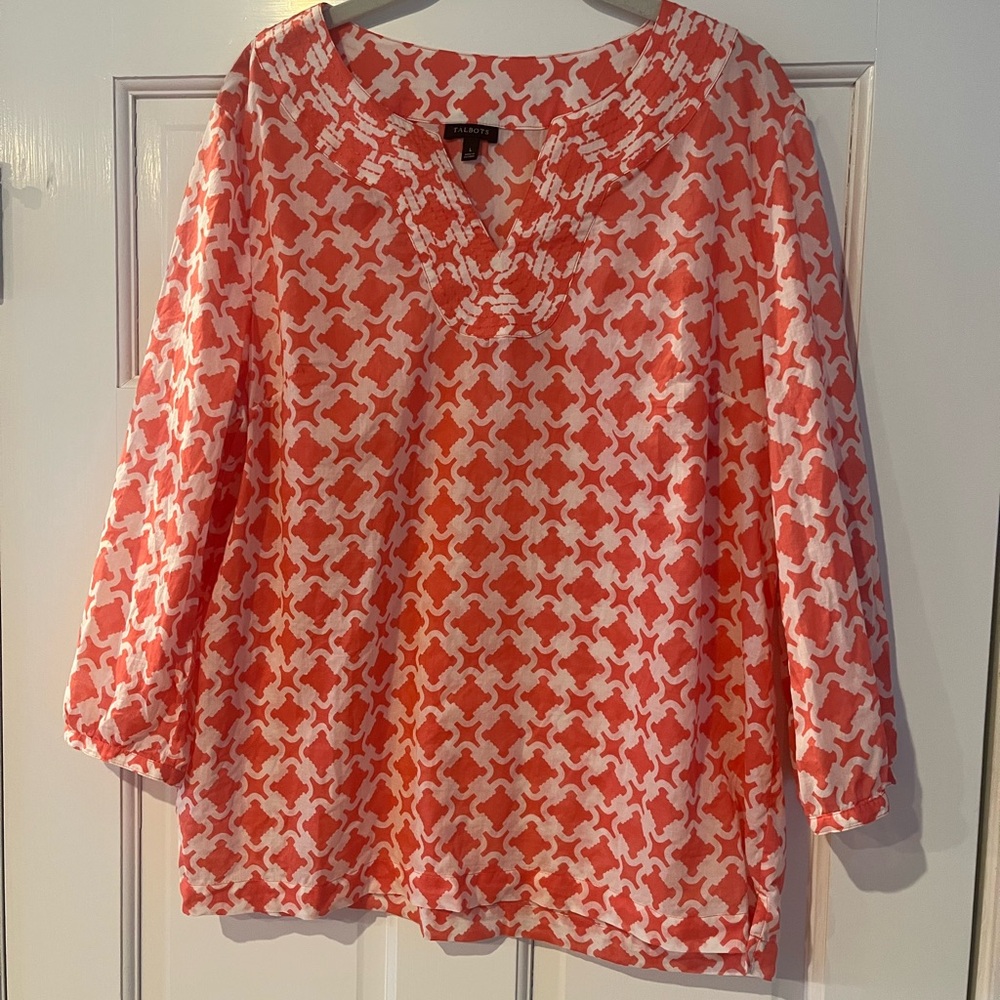 Talbots Orange and White Geometric Blouse